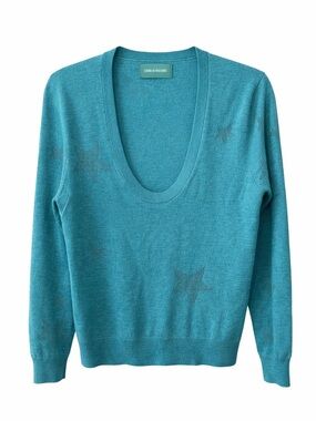 Zadig & Voltaire Rina Star Merino Wool Sweater M Blue Lightweight Chic